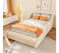 Letto imbottito per bambini, 90 x 200 cm, in velluto beige, con protezione | Rivestimento in morbido velluto, griglia laterale e testiera alta: spazio per dormire al sicuro per la camera delle ragazze
