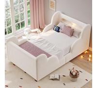 Letto Imbottito per Bambini 90 x 200 con Luce Notturna, Porta di ricarica USB e Vani Portaoggetti, Sponda di Sicurezza, Strutture letto per Cameretta ragazzi, rivestimento in velluto (Senza materass)