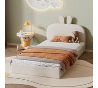 Letto imbottito per bambini con testiera imbottita, rivestimento in velluto, robusta struttura in legno, comodo letto singolo DettagliNome prodotto: Letto imbottitoDimensioni totali: 208 x 96 x 91 cmP