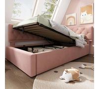 Letto imbottito per il giorno, 90 x 190 cm, divano letto con vano idraulico, letto per bambini, con rete a doghe in legno, senza materasso, velluto (rosa)