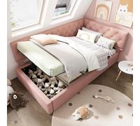 Letto imbottito per il giorno, 90 x 200 cm, divano letto con vano idraulico, letto per bambini, con rete a doghe in legno, senza materasso, velluto (rosa)