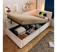 Letto imbottito per il giorno, divano letto con vano idraulico, funzione luce da lettura e ricarica USB-C, letto per ragazzi con rete a doghe in legno, velluto (beige, 90 x 190 cm)