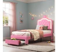 Letto imbottito singolo, 90 x 200 cm, Letto per Bambini con illuminazione a LED e Cassetti, Lettos a Corona per Principessa con testiera regolabile, PU, Rosa, Senza Materasso (Rosa, 90 x 200 cm)