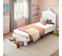 Letto imbottito singolo, 90 x 200 cm, Letto per Bambini con illuminazione a LED e Cassetti, Lettos a Corona per Principessa con testiera regolabile, PU, Bianco, Senza Materasso (Bianco, 90 x 200 cm)