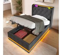 Letto imbottito singolo, con funzione LED 360, pulsante/app/telecomando, colore grigio, materiale in lino idraulico, testiera imbottita con funzione di ricarica USB di tipo C, senza materasso (90 x