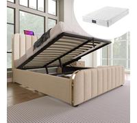 Letto imbottito singolo, testiera imbottita con strisce decorative dorate e funzione di ricarica USB di tipo C, colore beige, materiale in lino, capacità di carico 181 kg (con materasso, 140 x 200 cm)