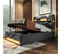 Letto imbottito, testiera con porta USB e tipo C, funzione LED surround 360 intorno alla testa e ai piedi, letti con vano idraulico, lino (grigio, 90 x 200 cm)