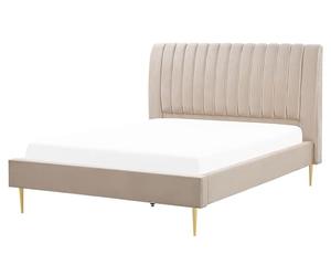 Letto imbottito velluto beige sabbia e oro rete a doghe testiera alta 160 x 200 cm