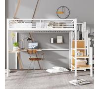 Letto in ferro, letto a castello, letto a soppalco, adatto per bambini e ragazzi, con tavolo e armadio, scala laterale con corrimano, ferro + truciolato, bianco+naturale, 90 x 200 cm