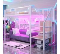 Letto in ferro, letto a castello, letto a soppalco, adatto per bambini e ragazzi, versatile, in metallo con strisce LED controllate da APP, scale con spazio di archiviazione, armadio aperto (bianco