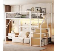 Letto in ferro, letto a castello, letto a soppalco, adatto per bambini e ragazzi, versatile, in metallo con strisce LED controllate da APP, scale con spazio di archiviazione, armadio aperto (bianco