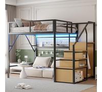 Letto in ferro, letto a castello, letto a soppalco, adatto per bambini, versatile, in metallo con strisce LED controllate da APP, scale con spazio di archiviazione, armadio aperto (nero, 140 cm x 200