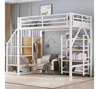 Letto in ferro, letto a soppalco, scaffale a 4 piani con ruote, ringhiera di sicurezza, cabina angolare con asta appendiabiti, ferro + MDF, bianco e naturale, 90 x 200 cm