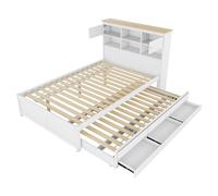 Letto in legno, per testiera allungabile, con tre cassetti, in legno di pino MDF, spazio per camera degli ospiti, casa, ufficio, letto per gli ospiti, multi-funzione, bordi di sicurezza, ruote