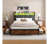 Letto in metallo 180 x 200 cm, letto matrimoniale con base di ricarica LED e USB, con 4 cassetti e 3 ripiani, letto industriale, struttura del letto con rete a doghe in metallo, PU, senza materasso