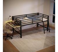 Letto in metallo, 90 x 200 cm, piano senza materasso, ringhiera, scaletta da scrivania, striscia luminosa a LED telecomandata, colore nero