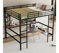 Letto in metallo, letto in ferro con scrivania, letto a soppalco con quattro piccoli ripiani e una grande libreria per bambini, ragazzi e adulti (nero, 140 x 200 cm)