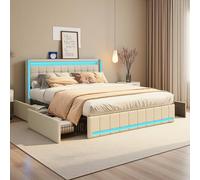 letto matrimoniale 140×200 cm, letto contenitore con testiera a LED e USB Type C, Letti Imbottito con 4 Cassetti, letti cassettiera con rete a doghe, lino, senza materasso (Beige, 140x200 cm)