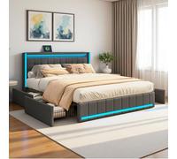 letto matrimoniale 140×200 cm, letto contenitore con testiera a LED e USB Type C, Letti Imbottito con 4 Cassetti, letti cassettiera con rete a doghe, lino, senza materasso (Grigio scuro, 140x200 cm)