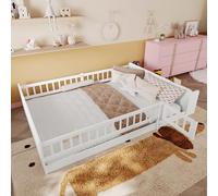 Letto Matrimoniale 140 x 200 cm, con Contenitore Aperto e Ripiani, Montessori Letto a Terra per Bambini con Rete a doghe, Struttura letto in Legno Massiccio, letto Piazza e Mezza per Bambini