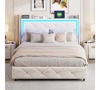 Letto matrimoniale 140 x 200 cm con LED, letto matrimoniale con ripostiglio, letti imbottiti con letti a LED, con rete letto, letti matrimoniali con testiera letto imbottita matrimoniale (bianco+USB
