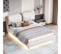Letto matrimoniale 140 x 200 cm con testiera pieghevole, letto imbottito con rete a doghe in legno, con spazio di archiviazione, letto galleggiante con striscia luminosa a LED, lino, senza materasso