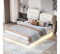 Letto matrimoniale 140 x 200 cm con testiera pieghevole, letto imbottito con rete a doghe in legno, con spazio di archiviazione, letto galleggiante con striscia luminosa a LED, lino, senza materasso