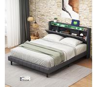 Letto matrimoniale 140 x 200 cm con USB e Type-C, telaio per letto con testiera e illuminazione a LED, rete a listelli, letto imbottito per adolescenti, adulti, lino (grigio, 140 x 200 cm)