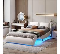 Letto Matrimoniale 140 x 200 cm, Letto una piazza e mezza con LED e testiera, letto imbottito 140 x 200 cm, con rete a doghe, letto matrimoniale in similpelle, con struttura moderna