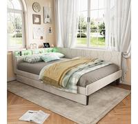 Letto matrimoniale 140 x 200 con 2 cassetti e spazio di archiviazione, letto imbottito a L con lampada LED e USB, pareti laterali intercambiabili, divano letto moderno, senza materasso (beige C, 140 x