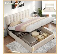 Letto matrimoniale 140x200 cm con illuminazione a LED e contenitore, letto ad aria compressa, rete a doghe, velluto, beige, senza materasso