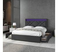 Letto matrimoniale 160 x 200 cm con custodia, letti 160 x 200 con rete a LED, letto imbottito con porta di ricarica USB letto matrimoniale con 4 cassetti testiera regolabile, tessuto in lino (grigio