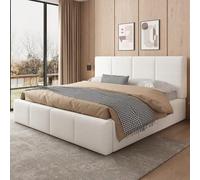 Letto matrimoniale 180 x 200 beige completamente imbottito - Tessuto riccio strutturato, sistema di archiviazione immediato e testa del letto integrata per un comfort ottimale (senza materasso)