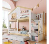 Letto Matrimoniale a Castello 90x200cm con Scale Contenitore e Letto estraibile, Letti a Casetta con Finestra e Sponda della Casa, 2xRete a Doghe, Struttura del letto in Legno pino(Senza materasso)