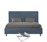 Letto Matrimoniale alla Francese con Contenitore AGUEDA In Microfibra Dimensioni 160x200 cm giroletto imbottito effetto trapuntato Blu blu