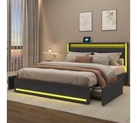 Letto matrimoniale con 4 cassetti, letto imbottito con contenitore letto matrimoniale imbottito con rete LED e USB letto cassettiera 180 x 200 cm con doghe letto matrimoniale (grigio-B, 180 x 200)