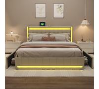 Letto matrimoniale con 4 cassetti, letto imbottito con contenitore letto matrimoniale imbottito con rete LED e USB letto cassettiera 180 x 200 cm con doghe letto matrimoniale (Beige-B, 180 x 200)