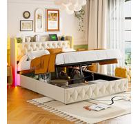 Letto matrimoniale con cassaforte, letto 140 x 200 con rete LED e USB Cassaforte, letto per adulti imbottito in velluto, telaio letto imbottito, letto idraulico con testina, schienale morbido (beige