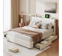 Letto Matrimoniale con Cassetti, letto matrimoniale, letto imbottito con testiera imbottita, USB, 4 cassetti in metallo, spazio di archiviazione, rete a doghe in legno massello (Bianco, 160x200 cm)
