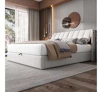 Letto Matrimoniale con Contenitore 140x200 cm con LED e USB, Letto una piazza e mezza con Testiera Regolabile e Vano Portaoggetti Contenitore con rete a doghe