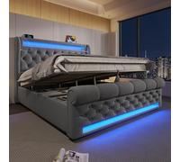 Letto Matrimoniale con Contenitore 140x200 cm con LED e USB Tipo C, Imbottito con Vano Portaoggetti e Testiera, Letto Una Piazza e Mezza con Spazio e Rete a Doghe, Senza Materasso(Grigio)