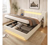 Letto matrimoniale con contenitore 160×200 cm LED e USB, letto una piazza e mezza con testiera ampia e mobiletto in stile retrò, Struttura letto multifunzionale in velluto, Beige (Senza Materasso)