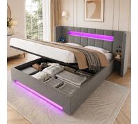 Letto matrimoniale con contenitore 160×200 cm LED e USB, letto una piazza e mezza con testiera ampia e mobiletto in stile retrò, Struttura letto multifunzionale in velluto, Grigio (Senza Materasso)