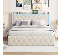 Letto Matrimoniale con Contenitore 160x200 cm, Letto Imbottito Idraulico con LED e USB, Letti Matrimoniali con Rete a doghe, Letto per Adulti Moderno, velluto, Senza Materasso (Beige, 160x200 cm)