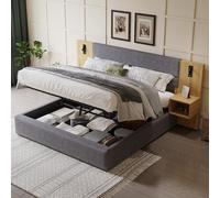 Letto Matrimoniale con Contenitore 180x200 cm con LED e USB, Letto una piazza e mezza con Testiera, Letto Contenitore con rete a doghe, Struttura Letto Matrimoniale,con illuminazione e due comodini