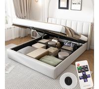 Letto Matrimoniale con Contenitore 180x200 cm con LED e USB, Letto una piazza e mezza con Testiera Regolabile e Vano Portaoggetti, Letto Contenitore con rete a doghe, Struttura Letto Matrimoniale