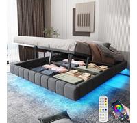 Letto Matrimoniale con Contenitore160x200cm con LED e USB-C,Letto una piazza e mezza con Testiera e Vano Portaoggetti, Letto Contenitore con rete a doghe, Struttura Letto Matrimoniale in lino grigio