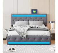 Letto matrimoniale con stoccaggio e LED, letto imbottito 140 x 200 con luci LED e USB Letto con USB e luce LED Letto 140 x 200 con 4 cassetti, senza materasso (A grigio scuro, 140 x 200 cm)
