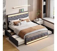 Letto matrimoniale con stoccaggio e LED, letto tappezzato 140 x 190 luci LED e caricatore letto con usb e luce led letto 140 x 190 con 4 cassetti, senza materasso (A grigio scuro, 140 x 190 cm)