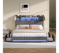 Letto matrimoniale con stoccaggio e LED, letto tappezzato 160 x 200 con caricatore USB e LED e 4 cassetti, senza materasso (E grigio scuro, 160 x 200 cm)